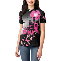 Personalized At Halloween We Think Pink Women Polo Shirt Pink Ribbon Butterflies - Wonder Print Shop