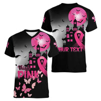 Personalized At Halloween We Think Pink Women V-Neck T-Shirt Pink Ribbon Butterflies - Wonder Print Shop
