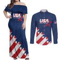 Custom USA Soccer Couples Matching Off Shoulder Maxi Dress and Long Sleeve Button Shirt Play To Win - Wonder Print Shop
