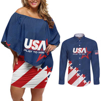 Custom USA Soccer Couples Matching Off Shoulder Short Dress and Long Sleeve Button Shirt Play To Win - Wonder Print Shop