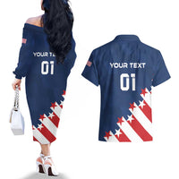 Custom USA Soccer Couples Matching Off The Shoulder Long Sleeve Dress and Hawaiian Shirt Play To Win - Wonder Print Shop