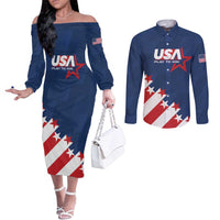 Custom USA Soccer Couples Matching Off The Shoulder Long Sleeve Dress and Long Sleeve Button Shirt Play To Win