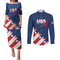 Custom USA Soccer Couples Matching Puletasi and Long Sleeve Button Shirt Play To Win - Wonder Print Shop
