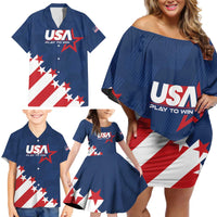 Custom USA Soccer Family Matching Off Shoulder Short Dress and Hawaiian Shirt Play To Win - Wonder Print Shop