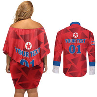 Custom North Korea Football Couples Matching Off Shoulder Short Dress and Long Sleeve Button Shirt Go Champion - Wonder Print Shop