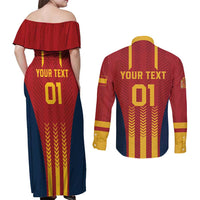 Custom Spain Football Couples Matching Off Shoulder Maxi Dress and Long Sleeve Button Shirt Go La Rojita - Wonder Print Shop