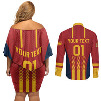 Custom Spain Football Couples Matching Off Shoulder Short Dress and Long Sleeve Button Shirt Go La Rojita - Wonder Print Shop