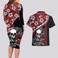 Hawaii Halloween Couples Matching Long Sleeve Bodycon Dress and Hawaiian Shirt Hibiscus Skull Kakau Pattern - Wonder Print Shop