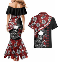 Hawaii Halloween Couples Matching Mermaid Dress and Hawaiian Shirt Hibiscus Skull Kakau Pattern - Wonder Print Shop