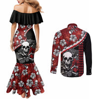 hawaii-halloween-couples-matching-mermaid-dress-and-long-sleeve-button-shirts-hibiscus-skull-kakau-pattern
