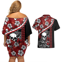 Hawaii Halloween Couples Matching Off Shoulder Short Dress and Hawaiian Shirt Hibiscus Skull Kakau Pattern - Wonder Print Shop