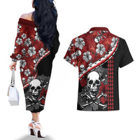 Hawaii Halloween Couples Matching Off The Shoulder Long Sleeve Dress and Hawaiian Shirt Hibiscus Skull Kakau Pattern - Wonder Print Shop