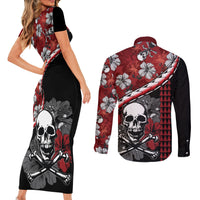 Hawaii Halloween Couples Matching Short Sleeve Bodycon Dress and Long Sleeve Button Shirts Hibiscus Skull Kakau Pattern - Wonder Print Shop