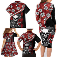 Hawaii Halloween Family Matching Long Sleeve Bodycon Dress and Hawaiian Shirt Hibiscus Skull Kakau Pattern - Wonder Print Shop