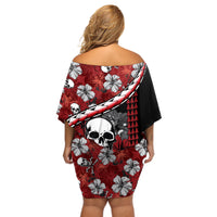 Hawaii Halloween Off Shoulder Short Dress Hibiscus Skull Kakau Pattern - Wonder Print Shop