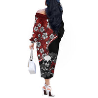 Hawaii Halloween Off The Shoulder Long Sleeve Dress Hibiscus Skull Kakau Pattern - Wonder Print Shop