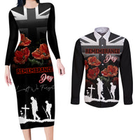 Remembrance Day Couples Matching Long Sleeve Bodycon Dress and Long Sleeve Button Shirts Lest We Forget Poppy Flower - Wonder Print Shop