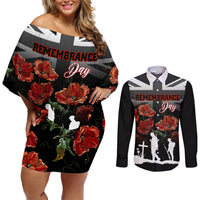Remembrance Day Couples Matching Off Shoulder Short Dress and Long Sleeve Button Shirts Lest We Forget Poppy Flower - Wonder Print Shop