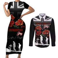 Remembrance Day Couples Matching Short Sleeve Bodycon Dress and Long Sleeve Button Shirts Lest We Forget Poppy Flower - Wonder Print Shop