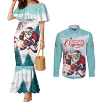 Personalized Canada Santa Playing Hockey Couples Matching Mermaid Dress and Long Sleeve Button Shirt