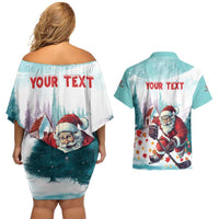 Personalized Canada Santa Playing Hockey Couples Matching Off Shoulder Short Dress and Hawaiian Shirt - Wonder Print Shop