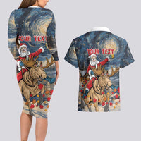 Personalized Merry Christmoose Couples Matching Long Sleeve Bodycon Dress and Hawaiian Shirt Santa Claus Riding Moose Starry Night - Wonder Print Shop