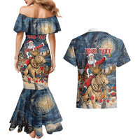 Personalized Merry Christmoose Couples Matching Mermaid Dress and Hawaiian Shirt Santa Claus Riding Moose Starry Night - Wonder Print Shop
