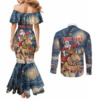 Personalized Merry Christmoose Couples Matching Mermaid Dress and Long Sleeve Button Shirt Santa Claus Riding Moose Starry Night