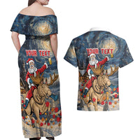 Personalized Merry Christmoose Couples Matching Off Shoulder Maxi Dress and Hawaiian Shirt Santa Claus Riding Moose Starry Night - Wonder Print Shop