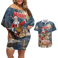 Personalized Merry Christmoose Couples Matching Off Shoulder Short Dress and Hawaiian Shirt Santa Claus Riding Moose Starry Night - Wonder Print Shop