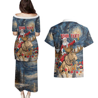 Personalized Merry Christmoose Couples Matching Puletasi and Hawaiian Shirt Santa Claus Riding Moose Starry Night - Wonder Print Shop