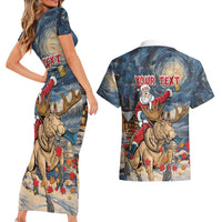 Personalized Merry Christmoose Couples Matching Short Sleeve Bodycon Dress and Hawaiian Shirt Santa Claus Riding Moose Starry Night - Wonder Print Shop