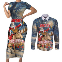 Personalized Merry Christmoose Couples Matching Short Sleeve Bodycon Dress and Long Sleeve Button Shirt Santa Claus Riding Moose Starry Night - Wonder Print Shop
