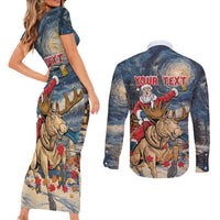 Personalized Merry Christmoose Couples Matching Short Sleeve Bodycon Dress and Long Sleeve Button Shirt Santa Claus Riding Moose Starry Night - Wonder Print Shop