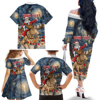 Personalized Merry Christmoose Family Matching Off The Shoulder Long Sleeve Dress and Hawaiian Shirt Santa Claus Riding Moose Starry Night - Wonder Print Shop