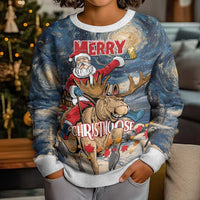 Merry Christmoose Kid Ugly Christmas Sweater Santa Claus Riding Moose Starry Night - Wonder Print Shop