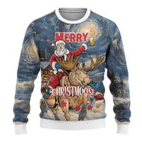 Merry Christmoose Ugly Christmas Sweater Santa Claus Riding Moose Starry Night - Wonder Print Shop
