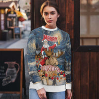 Merry Christmoose Ugly Christmas Sweater Santa Claus Riding Moose Starry Night - Wonder Print Shop