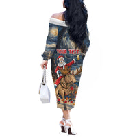 Personalized Merry Christmoose Off The Shoulder Long Sleeve Dress Santa Claus Riding Moose Starry Night - Wonder Print Shop