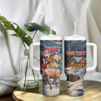 Personalized Merry Christmoose Tumbler With Handle Santa Claus Riding Moose Starry Night - Wonder Print Shop