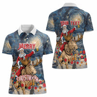 Personalized Merry Christmoose Women Polo Shirt Santa Claus Riding Moose Starry Night - Wonder Print Shop