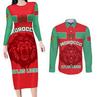 Morocco Football Couples Matching Long Sleeve Bodycon Dress and Long Sleeve Button Shirt Go The Atlas Lions - Wonder Print Shop