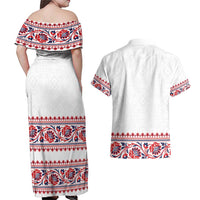 Panama Pollera Traditional Pattern Couples Matching Off Shoulder Maxi Dress and Hawaiian Shirt