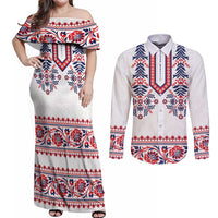 Panama Pollera Traditional Pattern Couples Matching Off Shoulder Maxi Dress and Long Sleeve Button Shirt
