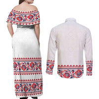 Panama Pollera Traditional Pattern Couples Matching Off Shoulder Maxi Dress and Long Sleeve Button Shirt