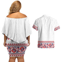 Panama Pollera Traditional Pattern Couples Matching Off Shoulder Short Dress and Hawaiian Shirt