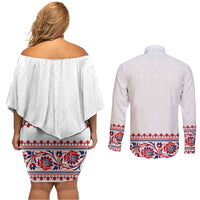 Panama Pollera Traditional Pattern Couples Matching Off Shoulder Short Dress and Long Sleeve Button Shirt