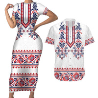 Panama Pollera Traditional Pattern Couples Matching Short Sleeve Bodycon Dress and Hawaiian Shirt