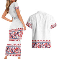 Panama Pollera Traditional Pattern Couples Matching Short Sleeve Bodycon Dress and Hawaiian Shirt