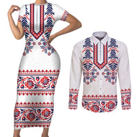Panama Pollera Traditional Pattern Couples Matching Short Sleeve Bodycon Dress and Long Sleeve Button Shirt